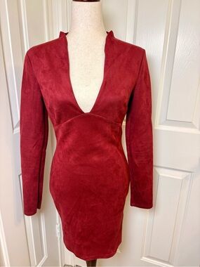 Mocking Jay Red Burgundy Faux Suede Long Sleeve Bodycon Mini Dress Medium